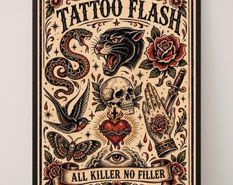 Traditional Tattoo Flash Art Print, Classic Icons Tattoo Studio Decor