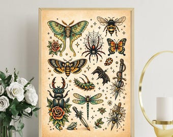 Gothic Insect Tattoo Flash Print, Vintage Bug Illustration Poster, Death Moth Spider Dagger Art, Dark Academia Wall Art, Occult Nature Print