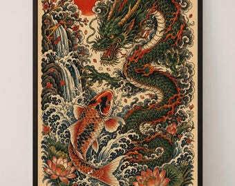 Japanese Dragon Koi Wall Art Print, Traditional Tattoo Flash Illustration, Lotus Decor