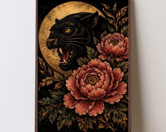 Black Panther Peony Wall Art, Gothic Gold Moon Botanical Print