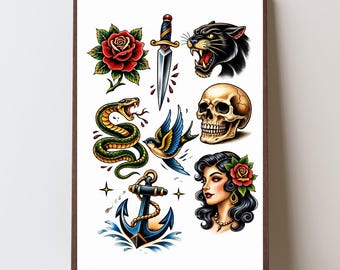 Traditional Tattoo Flash Sheet Print – Old School Panther, Snake, Skull Art