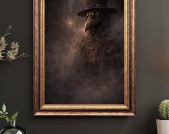 Realistic Plague Doctor Print: Gothic Dark Academia Wall Art, Moody Fog Poster