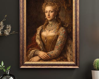 Baroque Tattooed Queen Portrait Print, Gothic Royal Artwork, Dark Academia Decor Poster