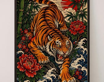 Japanese Tiger Wall Art Print, Tattoo Inspired Peony Poster, Bamboo Wave Decor