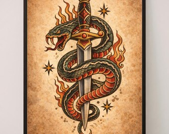 Snake & Dagger Vintage Tattoo Poster Print – Traditional Flash Style Wall Art – Old School Serpent Tattoo Inspired Decor – Gothic Retro Art