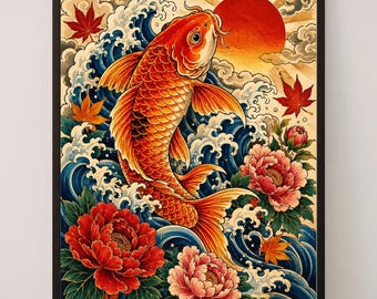 Japanese Koi Wall Art Print, Tattoo Inspired Fish Poster, Peony Wave Red Sun Decor