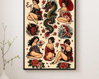 Japanese Pin Up Tattoo Flash Print, Irezumi Geisha Dragon Koi Poster