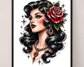 Traditional Tattoo Pin Up Girl Print – American Traditional Rose Portrait – Old School Tattoo Art