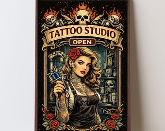 Tattoo Studio Open Print – Vintage Tattoo Shop Wall Art – Traditional Flash Style Pin Up Poster