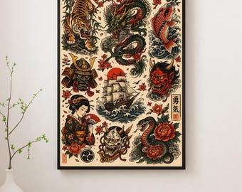 Japanese Tattoo Flash Print, Irezumi Art Poster, Dragon Samurai Koi Wall Art
