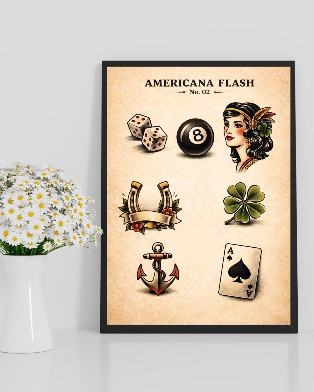 American Traditional Tattoo Flash Print – Gambling, Pin Up, Anchor Wall ...