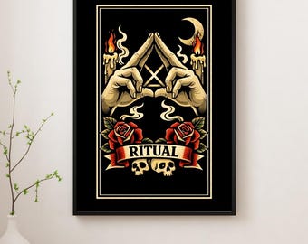 Occult Ritual Tattoo Flash Print: Gothic Hands, Moon, Skulls Wall Art