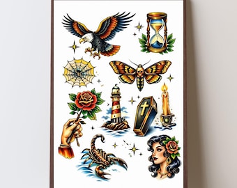 Traditional Tattoo Flash Sheet Print – Gothic Eagle, Skull Moth, Coffin Wall Art