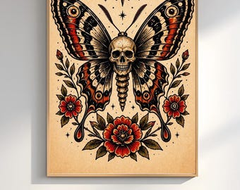 Death Head Moth Tattoo Print, Skull Moth Wall Art, Gothic Tattoo Flash Poster, Traditional Tattoo Style Art, Dark Occult Decor
