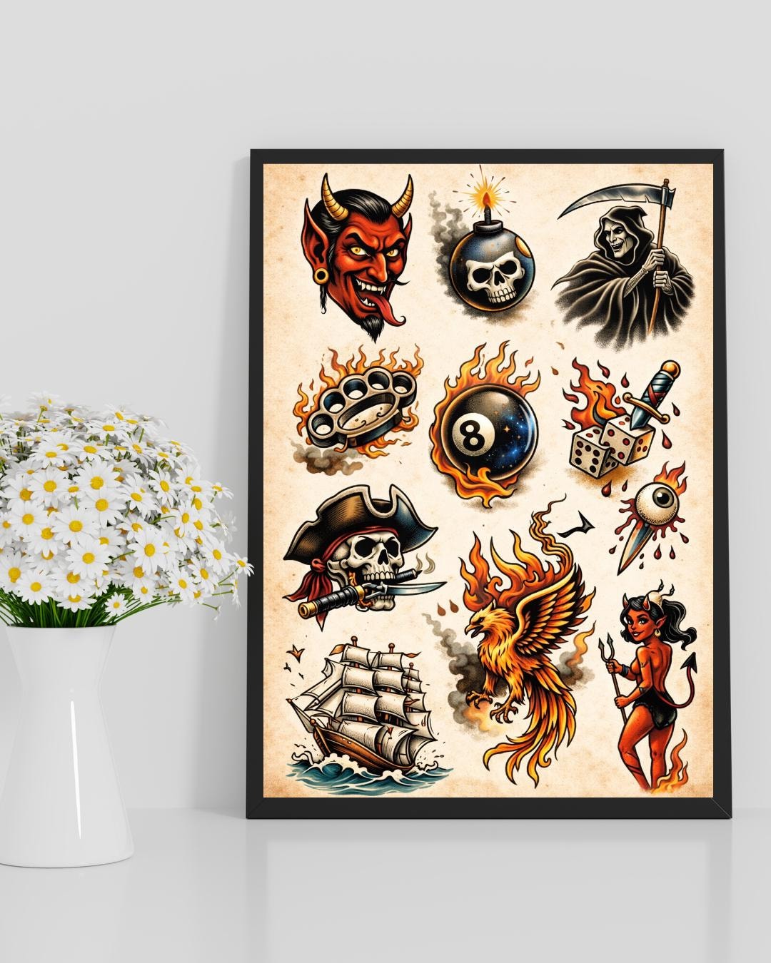 Traditional Tattoo Flash Print – Old School Snake, Panther, Skull Wall ...