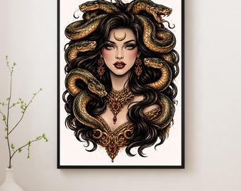 Neo Traditional Medusa Print, Snake Goddess Tattoo Art, Gothic Illustration, Ornate Wall Decor