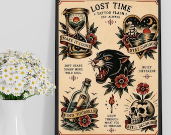 Traditional Tattoo Flash Print, Panther Skull Hourglass Wall Art, Motivational Poster