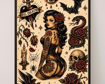 Tattooed Lady Flash Sheet Print – Gothic Pin-Up Traditional Tattoo Wall Art