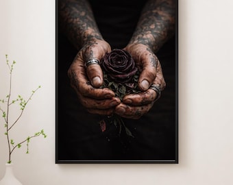 Dark Rose Art Print – Tattooed Hands Photography, Gothic Wall Decor, Moody Alternative Home Art