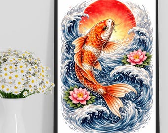 Japanese Koi Fish Wall Art, Irezumi Tattoo Style Poster, Red Sun Wave Illustration