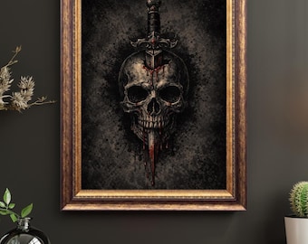 Skull Sword Art Print – Traditional Tattoo Flash Wall Art, Gothic Poster