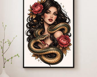 Neo Traditional Snake Woman Print, Gothic Floral Tattoo Art Poster, Dark Feminine Wall Decor