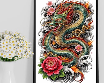 Japanese Dragon Tattoo Art Print – Traditional Asian Dragon with Peony and Cherry Blossoms