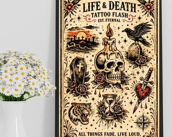 Life & Death Tattoo Flash Print, Gothic Skull Poster, Memento Mori Wall Art, Traditional Tattoo Flash Sheet, Dark Aesthetic Decor Print