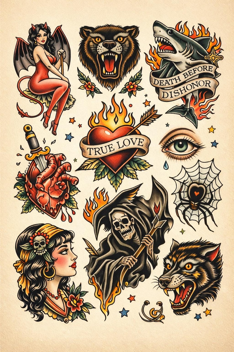 Traditional Tattoo Flash Print | Old School American Tattoo Art - Etsy
