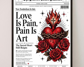 Sacred Heart Wall Art Print, Tattoo Newspaper Poster, Love Is Pain Gothic Flash Decor