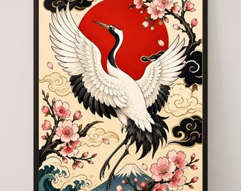Japanese Crane Wall Art Print, Tattoo Inspired Bird Poster, Cherry Blossom Wave Decor