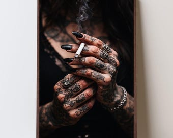 Moody Tattooed Hands Smoking Print – Dark Gothic Wall Art – Alternative Aesthetic Photography