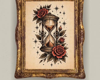 Hourglass Tattoo Flash Print, Red Roses, Botanical Wall Art, Dark Academia Poster