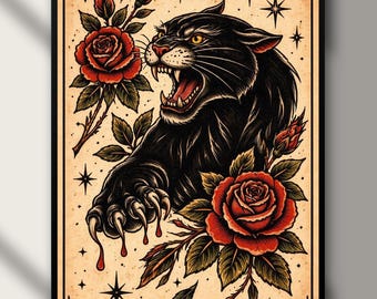 Traditional Panther Tattoo Print, American Flash Art, Vintage Black Panther Poster