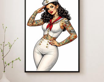 Sailor Pin Up Tattoo Art Print, Vintage Nautical Poster, Retro Flash Artwork