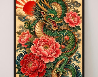 Japanese Dragon Wall Art Print, Tattoo Inspired Dragon Poster, Peony Flower Wave Decor