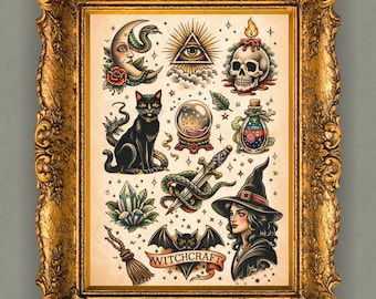 Traditional Witchy Tattoo Flash Print | Occult Mystical Wall Art Poster