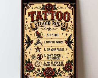 Traditional Tattoo Flash Rules Print, Old School Tattoo Shop Decor