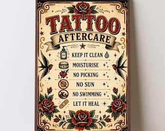 Traditional Tattoo Flash Aftercare Print, Rose Swallow Decor Poster