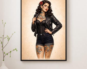 Tattooed Pin Up Art Print – Vintage Tattoo Flash Style Wall Art