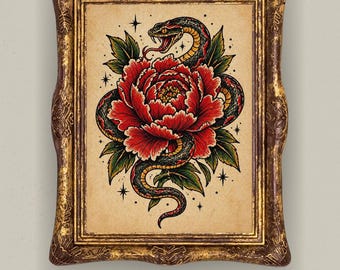 Snake Peony Tattoo Print, Traditional Floral Wall Art, Gothic Poster, Dark Decor