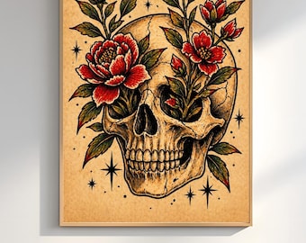 Skull Floral Tattoo Print, Gothic Rose Wall Art, Dark Academia Decor