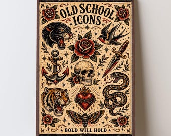 Tattoo Flash Wall Art Print, Old School Icons Poster, Traditional Tattoo Studio Decor