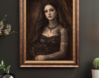Gothic Tattooed Bride Portrait, Dark Victorian Wedding Art Print