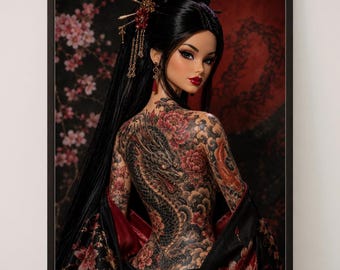 Japanese Tattooed Barbie Art Print, Dragon Peony Wall Art, Dark Glamour Poster