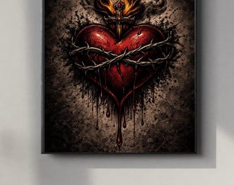 Sacred Heart Tattoo Art Print – Gothic Flaming Poster