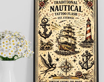 Traditional Nautical Tattoo Flash Print, Vintage Ship, Anchor, Compass Wall Art