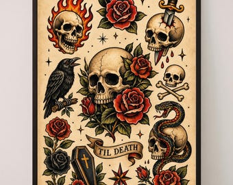 Skull and Roses Tattoo Flash Print – Gothic Traditional Wall Art