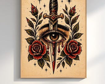 Tattoo Flash Eye Dagger Print, Gothic Occult Wall Art, Traditional Tattoo Style Poster, Dark Aesthetic Art, Rose Knife Illustration