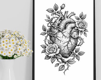 Anatomical Heart Print, Gothic Tattoo Roses, Dark Botanical Engraving Poster